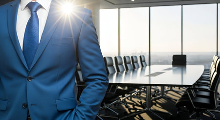 A man in a sharp blue suit and tie stands in the foreground, his hand in his pocket, with a bright sunburst shining through the large windows of a modern boardroom. The room features a long, polished conference table surrounded by black chairs, with a blurred cityscape visible outside.の写真素材