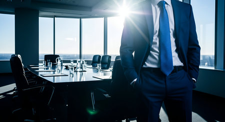 A man in a dark blue suit and tie stands with his hands in his pockets in a modern boardroom. Sunlight streams through the large windows, creating a lens flare. A long conference table with chairs is visible in the background.の写真素材