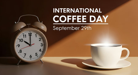 Composition showing international coffee day september 29th with alarm clock keywords: international coffee day, september 29th, coffee, cup, saucer, alarm clock, wake up, morning, hot beverage, steam, caffeine, drink, beverage, tradition, celebration, time, clock face, hands, numbers, brown background, warm light, shadows, still life, concept, event, holiday, beverage break, aroma, freshness, energy description: a still life composition for international coffee day on september 29th. a...の写真素材