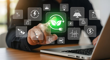 A person's finger is touching a glowing green icon depicting leaves and a power plug, symbolizing green energy. Surrounding this central icon are various other icons representing renewable energy sources like solar panels and wind turbines, as well as recycling and eco-friendly symbols.の写真素材