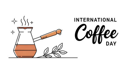 A stylized illustration for International Coffee Day features a traditional cezve or ibrik with steam rising. A small branch with leaves is placed next to the coffee pot. The design uses a limited color palette with orange and white accents against a dark background.の写真素材