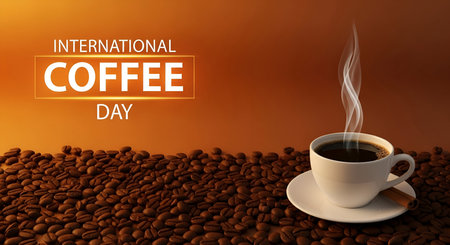 Photo showing international coffee day celebration with coffee beans and hot coffee. High resolution image suitable for commercial use. Clear details and vibrant colors enhance visual appeal.の写真素材
