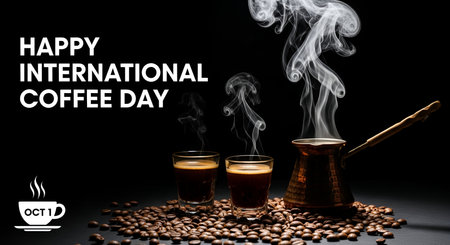 A festive graphic for International Coffee Day features two small glasses of dark coffee with rising steam, a traditional Turkish coffee pot (cezve) also emitting steam, and a scattering of roasted coffee beans. The text "HAPPY INTERNATIONAL COFFEE DAY" is prominently displayed in white on the left, with a small coffee cup icon indicating "OCT 1" at the bottom left. The dark background enhances the warm tones of the coffee and pot.の写真素材