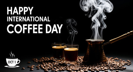 A festive image for International Coffee Day, featuring two glasses of dark, steaming coffee. A traditional copper coffee pot, or cezve, is positioned to the right, also emitting steam. The scene is set against a dark background, with a scattering of roasted coffee beans covering the surface. Text reads "HAPPY INTERNATIONAL COFFEE DAY" and a small graphic shows a coffee cup with "OCT 1".の写真素材