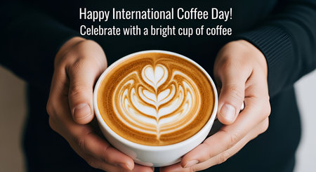Two hands gently cradle a white ceramic cup filled with coffee, showcasing intricate latte art in the form of a heart shape formed by the milk foam. The rich brown coffee and creamy foam create a visually appealing contrast. Text overlaid on the image reads "Happy International Coffee Day! Celebrate with a bright cup of coffee". The image evokes warmth, comfort, and the enjoyment of a good cup of coffee, especially in celebration of the holiday.の写真素材