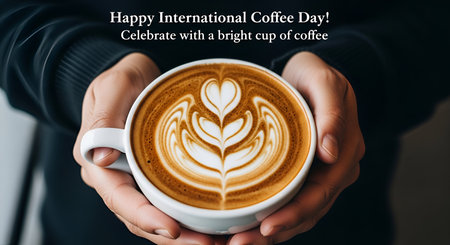 A close-up shot of a person's hands gently holding a white ceramic cup filled with coffee. The coffee features intricate latte art, forming a heart and floral pattern in the foam. The dark background and the warm tones of the coffee create a cozy and inviting atmosphere. Text overlay reads "Happy International Coffee Day! Celebrate with a bright cup of coffee."の写真素材