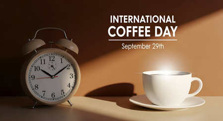 An illustration for International Coffee Day shows a vintage-style alarm clock next to a white coffee cup and saucer. Sunlight casts shadows across the warm brown background, highlighting the steam rising from the coffee and suggesting the importance of coffee for starting the day. The date "September 29th" is displayed.の写真素材
