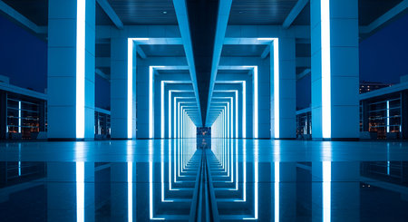 A long, symmetrical corridor is illuminated by bright blue vertical lights on both sides. The architecture features strong geometric lines with large pillars and a high ceiling. The polished floor perfectly reflects the lights and structure, creating a sense of depth and an almost infinite tunnel effect. The scene is set at night, with a dark sky visible in the distance.の写真素材