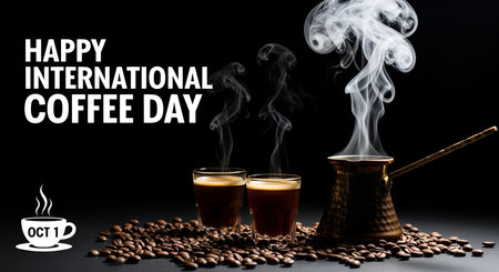 A festive graphic for International Coffee Day features two small glasses of coffee with steam rising, a traditional copper Turkish coffee pot, and a scattering of coffee beans. The text "HAPPY INTERNATIONAL COFFEE DAY" and "OCT 1" are prominently displayed against a dark background.の写真素材