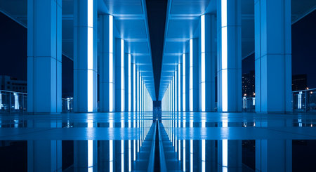 A symmetrical and futuristic architectural corridor illuminated by bright blue LED lights. The long pathway recedes into the distance, creating a sense of depth and infinity. The polished floor reflects the vibrant blue lights, doubling the visual impact. The scene is set at night, with a dark sky visible at the far end.の写真素材