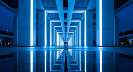 Photo showing modern architectural corridor with blue lights. High resolution image. Clear details and vibrant colors enhance visual appeal.の写真素材