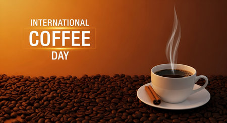 A festive image for International Coffee Day. A white cup and saucer filled with steaming hot coffee sits on a bed of roasted coffee beans. Cinnamon sticks are placed on the saucer. The background is a warm gradient of orange and brown, with bold white text announcing "INTERNATIONAL COFFEE DAY".の写真素材