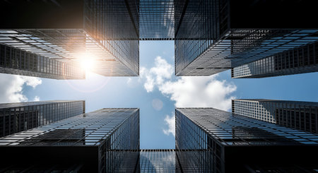 A low-angle view looking straight up at several modern skyscrapers. The buildings are made of glass and steel, reflecting the bright blue sky and scattered white clouds. Sunlight creates a lens flare on the left side. The composition forms a cross shape with the sky in the center.の写真素材