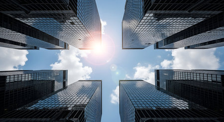 A low-angle view looking directly up at several modern glass skyscrapers. The buildings' reflective facades mirror the bright blue sky and scattered white clouds. A strong sun flare emanates from the center, creating a lens flare effect. The geometric lines of the architecture create a sense of scale and grandeur in a bustling urban environment.の写真素材