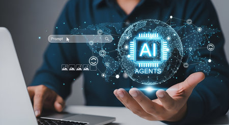 a person's hands are shown holding a glowing holographic...の写真素材