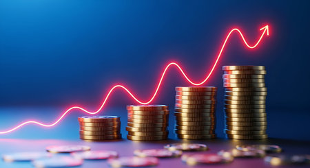 Stacks of gold coins are arranged in ascending order, representing financial growth. A vibrant red line graph with an upward trend is superimposed over the coins, indicating increasing profits or investments. Several loose coins are scattered in the foreground.の写真素材