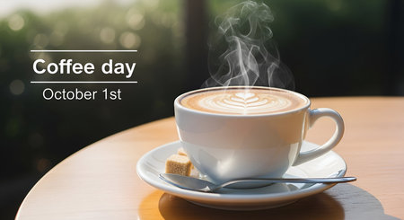 A white ceramic cup filled with steaming coffee sits on a saucer with a spoon and two sugar cubes. Intricate latte art adorns the surface of the coffee, and wisps of steam rise from the hot beverage. The cup is placed on a warm-toned wooden table, with a softly blurred green background suggesting an outdoor or natural setting.の写真素材