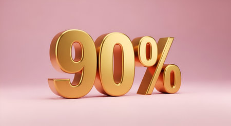A large, golden 3D rendering of "90%" is displayed prominently against a soft pink background. The metallic numbers and percentage sign have a polished sheen, suggesting a significant discount or offer.の写真素材