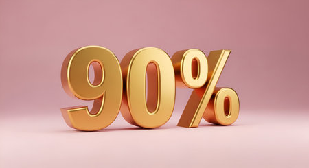 A gleaming 3D rendering of the number "90" followed by a percentage sign, all in a lustrous golden metallic finish. The numbers are bold and prominent, casting subtle shadows on the soft pink background. This visual represents concepts of discounts, sales, offers, and financial achievements.の写真素材