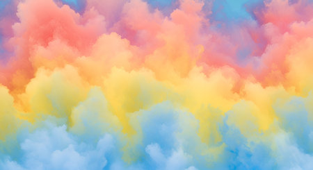 An abstract image featuring swirling masses of soft, pastel-colored clouds or smoke. The colors blend seamlessly, transitioning from light blue at the bottom to yellow, orange, and pink at the top. The texture is soft and ethereal, creating a dreamlike and visually appealing abstract background.の写真素材