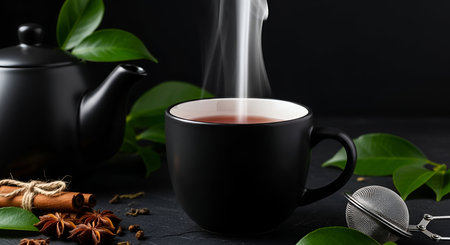 A dark and atmospheric studio shot featuring a steaming black tea in a black ceramic mug. A matching black teapot sits to the left, with fresh green leaves and aromatic spices like cinnamon sticks, star anise, and cloves scattered on the dark surface. A silver tea strainer is also visible, adding to the cozy and traditional tea-drinking scene.の写真素材