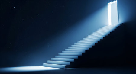 Staircase leading to bright open door in darkness. High resolution image suitable for commercial use. Clear details and vibrant colors enhance visual appeal.の写真素材