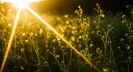 View showing sunbeams shining through wild grass and flowers keywords: sunbeams, sunlight, sun rays, golden hour, bokeh, light, nature, meadow, grass, wildflowers, plants, summer, morning, evening, bright, warm, glow, lens flare, atmospheric, vibrant, natural, beauty, outdoor, field, growth, delicate, serene, peaceful, backlit, illumination description: golden sunbeams stream diagonally across a close-up view of a field of wild grass and small flowers. the bright sunlight creates a strong...の写真素材