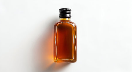 A small, clear glass bottle filled with a rich amber-colored liquid. The bottle has a rectangular shape with rounded edges and a black screw-on cap. It is presented against a clean white background, with a subtle shadow cast to the left, highlighting its form. The liquid appears viscous and dark, suggesting a beverage like whiskey, rum, or a syrup.の写真素材