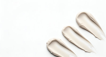 Three distinct swatches of a light beige, creamy substance are arranged diagonally on a clean white background. Each swatch is a smooth, curved smear, showcasing the texture of the cream. The lighting highlights the subtle sheen and consistency of the product.の写真素材
