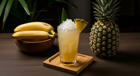 A tall glass filled with a pale yellow, ice-cold tropical cocktail sits on a light wooden tray. The drink is garnished with a pineapple wedge and a green leaf. To the left, a wooden bowl holds two ripe bananas, and to the right, a whole pineapple stands prominently. The scene is set on a dark wooden surface with a blurred background of green foliage.の写真素材