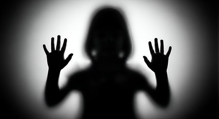 Silhouette of a woman with hands up in a dark roomの写真素材