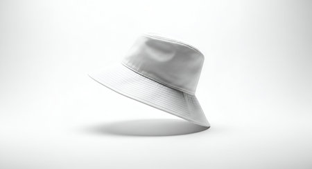A minimalist studio shot showcases a plain white bucket hat suspended in the air against a white background. The hat is presented with subtle lighting and shadow, highlighting its shape and texture. This image is suitable for fashion mockups and design presentations.の写真素材