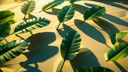 Numerous large, vibrant green banana leaves with prominent white veins are spread across sunlit sand dunes. The strong sunlight creates sharp, elongated shadows, forming an abstract and visually captivating pattern on the golden sand.の写真素材