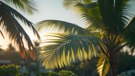 A close-up view of vibrant green palm leaves and fronds illuminated by the warm glow of the golden hour sun. The light filters through the leaves, creating a beautiful backlit effect and dappled patterns. The background is softly blurred with hints of other foliage and a bright sky, evoking a sense of tropical serenity and summer warmth.の写真素材