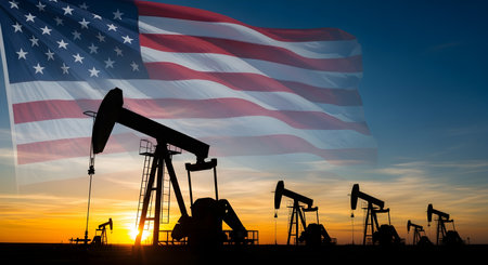 Silhouettes of multiple oil pump jacks are visible against a vibrant sunset sky. A large, translucent American flag waves prominently in the upper portion of the image, superimposed over the industrial landscape.の写真素材