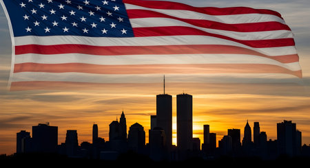 Towers showing flag over new york city skyline and twin towers silhouette. High resolution image suitable for commercial use. Clear details and vibrant colors enhance visual appeal.の写真素材