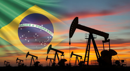 Silhouettes of several oil pump jacks stand against a colorful sunset sky. The Brazilian flag is prominently displayed, superimposed over the industrial scene, with its green, yellow, and blue colors visible.の写真素材