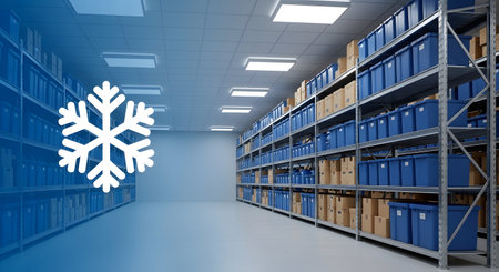The interior of a cold storage warehouse is depicted, featuring long rows of metal shelving units filled with cardboard boxes and blue plastic containers. Fluorescent lights illuminate the clean, spacious interior, and a large snowflake graphic is visible on the left.の写真素材