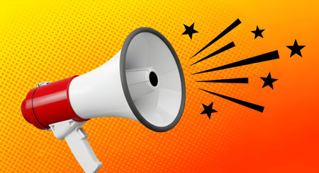 A red and white megaphone is depicted against a vibrant orange and yellow background with a halftone dot pattern. Black lines emanate from the megaphone's bell, along with black stars, suggesting sound or an announcement. The style is reminiscent of comic book art.の写真素材