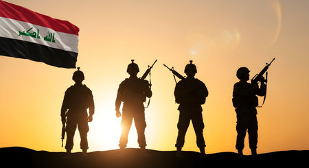 The silhouettes of four soldiers stand in formation on a sandy landscape against a vibrant sunset sky. They are armed with rifles and stand beneath the Iraqi flag, which waves in the breeze. The scene evokes a sense of military presence, patriotism, and the solemnity of the desert at dusk.の写真素材
