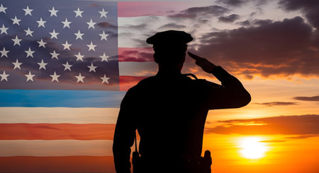 The silhouette of a police officer in uniform, wearing a hat, is shown saluting. Behind the officer, a large American flag is superimposed against a dramatic sunset sky with orange and yellow hues and scattered clouds.の写真素材