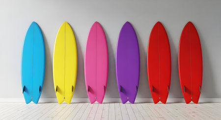 Six brightly colored surfboards are lined up in a row against a light gray wall. The surfboards are in various vibrant colors: blue, yellow, pink, purple, red, and a second red one. Each surfboard has fins visible at the bottom. The floor is made of light-colored wooden planks.の写真素材