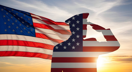 A silhouette of a soldier in uniform salutes with their right hand to their forehead. The soldier's form is filled with the pattern of the American flag. To the left, a large American flag waves in the wind. The background features a dramatic sunset with vibrant orange and yellow hues illuminating a cloudy sky.の写真素材