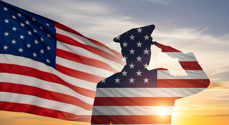 A silhouette of a soldier in uniform and helmet salutes with their right hand raised to their forehead. The soldier's form is filled with the American flag, displaying its red and white stripes and blue field with stars. The flag is waving prominently to the left of the soldier. The background is a bright sunset sky with warm orange and yellow tones.の写真素材