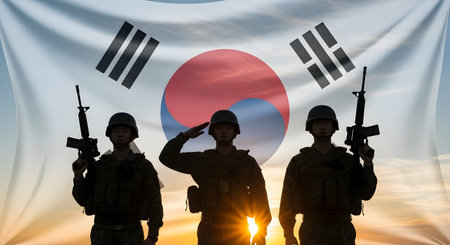 Silhouettes of three South Korean soldiers in uniform, holding rifles and one saluting, are positioned in front of a large South Korean flag. The flag's Taegeuk symbol and trigrams are clearly visible. The scene is set against a backdrop of a colorful sunset or sunrise sky with clouds, creating a dramatic and patriotic atmosphere.の写真素材