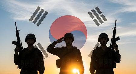 Three soldiers in silhouette stand in formation against a vibrant sunset sky. They are wearing military uniforms and helmets, each holding a rifle. The central soldier is saluting. Behind them, the South Korean flag is depicted, with its red and blue Taegeuk symbol and black trigrams.の写真素材
