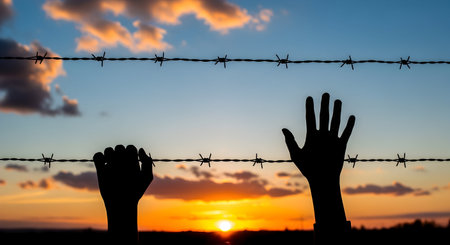 Silhouette of human hands with barbed wire on sunset backgroundの写真素材