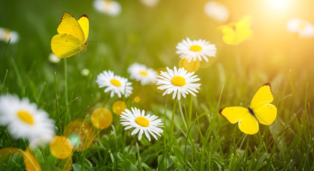 Two bright yellow butterflies are in flight amidst a field of white daisies with yellow centers, nestled in lush green grass. Golden sunlight streams from the upper right, casting a warm glow and creating soft bokeh effects. The background is blurred, emphasizing the delicate beauty of the butterflies and flowers.の写真素材