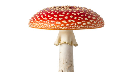 A detailed close-up of a fly agaric mushroom against a black background. The focus is on the bright red cap adorned with white spots and the textured white stem with its characteristic skirt. High quality image with transparent background support.の写真素材