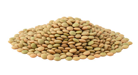 A close-up, isolated view of a pile of green lentils. The small, round legumes are mounded together, showcasing their natural texture and earthy green-brown color. The lentils are presented against a black background.の写真素材